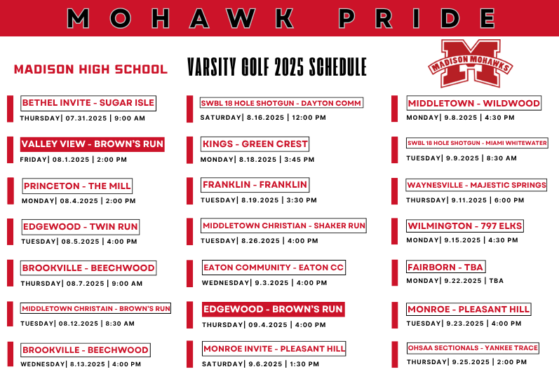 Varsity Golf Schedule 2025